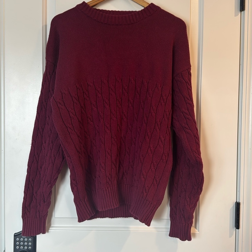 Vintage Eddie Bauer Cable Knit Sweater 90s Burgundy Crew Neck Cotton Medium Tall